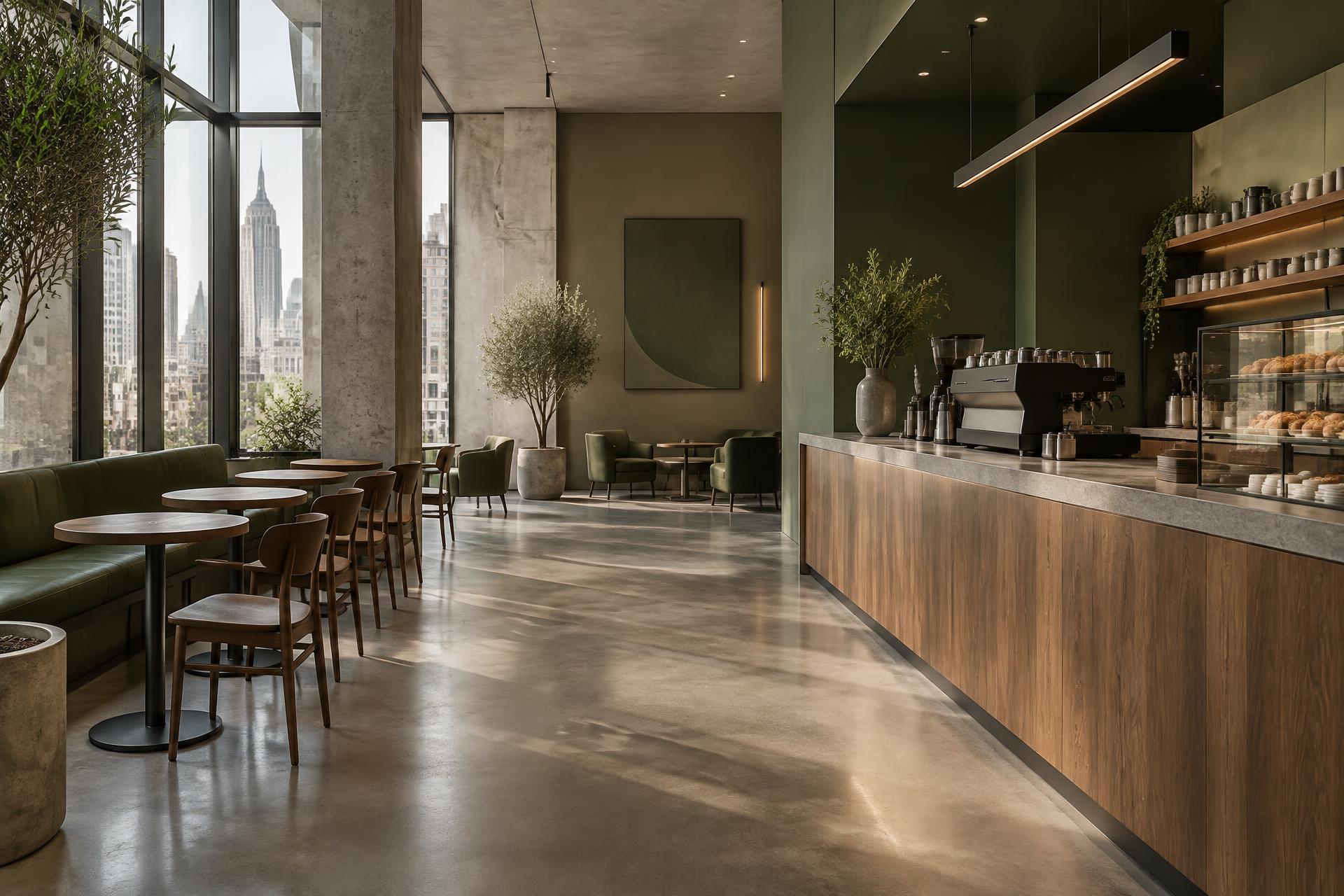 Sunlit commercial café interior with polished floors and a spotless service counter