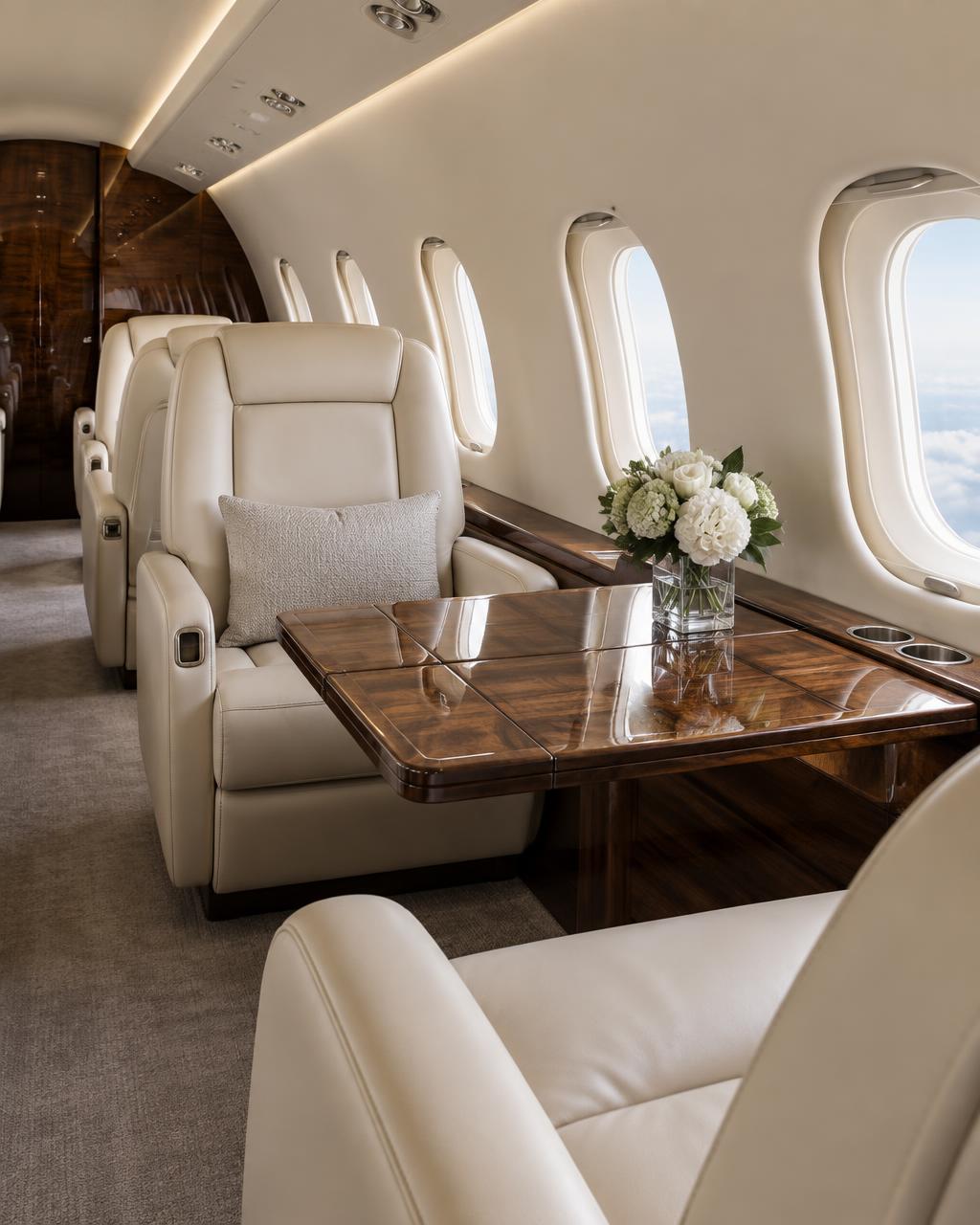 Immaculate private jet cabin with cream leather seats and polished wood table