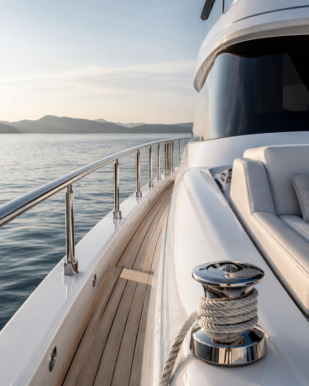 Polished yacht deck with teak planking and gleaming chrome fittings